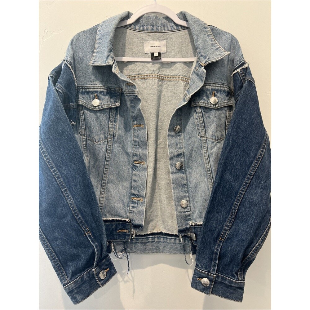 Current Elliot Mixed Denim Jacket Distressed Accent 100% Cotton size 2 USA made